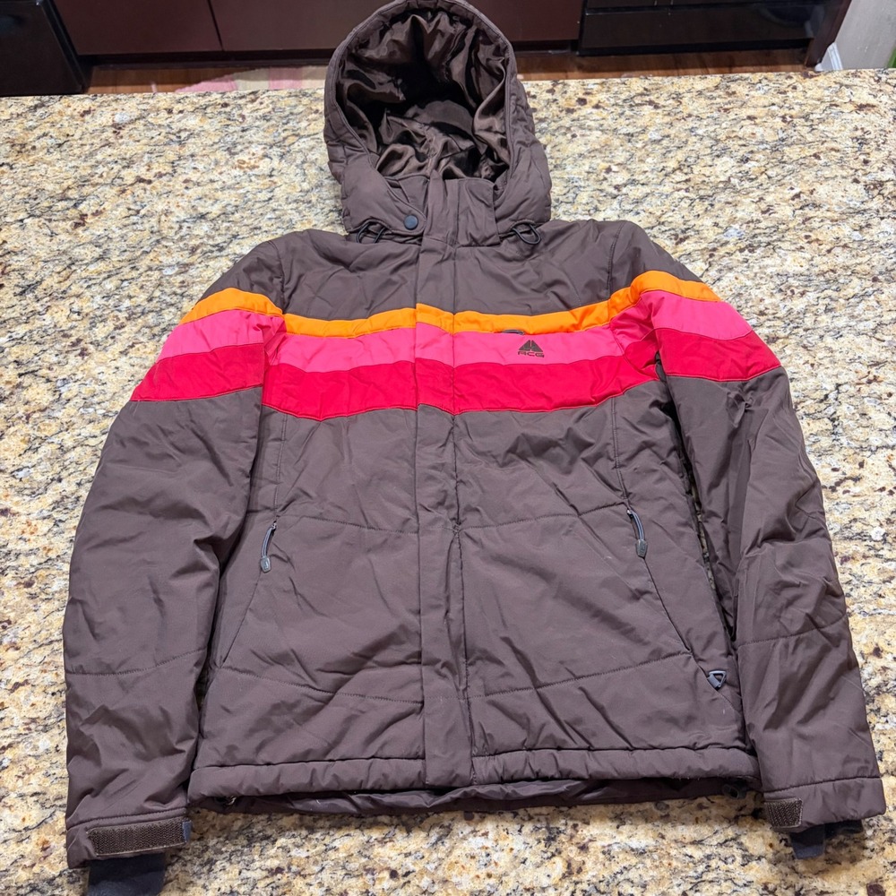 Nike ACG FitStorm Hooded Puffer Jacket Brown Pink Orange Stripe Womens Small ws